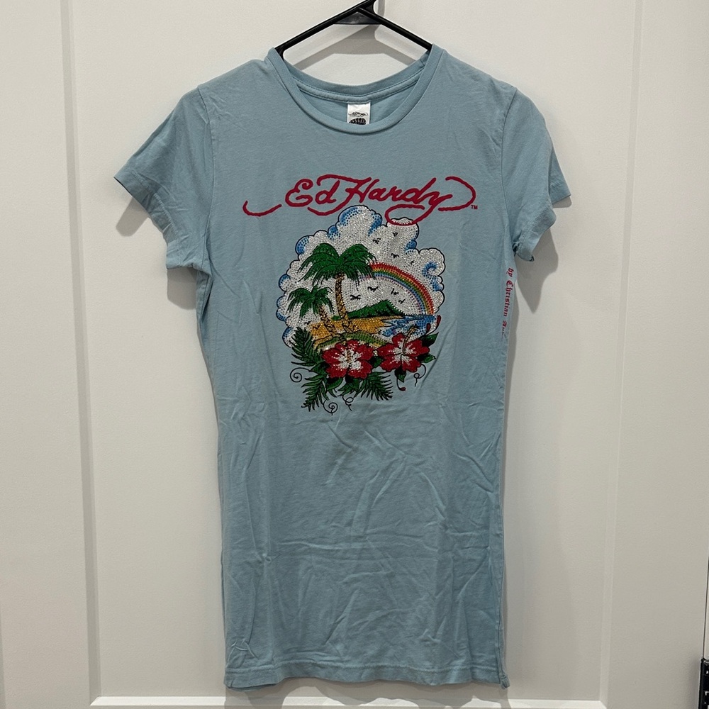 NWT Ed Hardy Sky Blue Tropical Graphic Tee